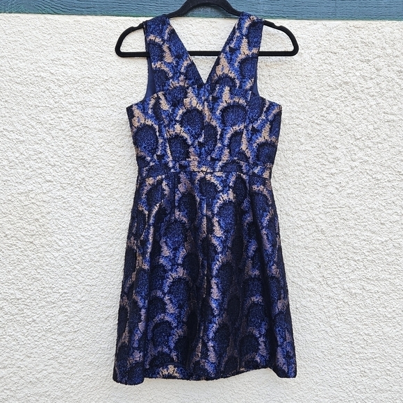 NWT J. Crew Factory Peacock Jacquard metallic dress blue black copper pockets 2 - Picture 2 of 7